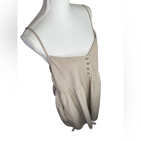 Volcom Sunday Strut Beige Pinstripe Button Front Babydoll Mini Dress Size L - Picture 8 of 14